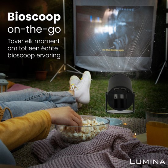 Lumina® Pro Mini Beamer 2026 - Projecteur intelligent Android 14 avec Google Playstore - Home cinéma - Pour iOS & Android - WiFi 6 & Bluetooth 5.4 - Noir