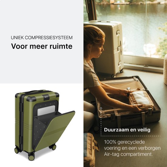 ONYX Hybrid Pro Hand Luggage Suitcase with Front Pocket 38 Litres - Recycled Polycarbonate and Zipperless Design - Travel Suitcase with TSA Lock and Spinner Wheels - Lightweight Trolley with Laptop Compartment - Olive Green (Valise de voyage avec serrure
