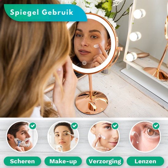 Mirlux Miroir de maquillage avec éclairage LED - lumière grossissante 10x - miroir de rasage petit sur pied - 3 niveaux d'éclairage - rechargeable - miroir grossissant rose or