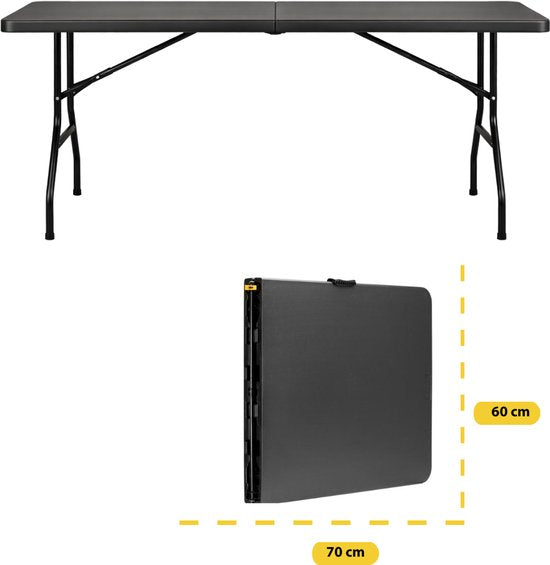 BRASQ Table pliante pliable noire - 180x70x74cm- Table de camping - Table pliante - Résistante aux intempéries - Table avec poignée de transport