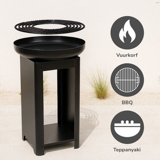 alpina 3-in-1 Fire Pit and Griddle - Foyer de jardin 61 x 90 cm - avec gril Teppanyaki - Plancha BBQ avec rangement pour le bois de chauffage - Foyer d'extérieur - Métal