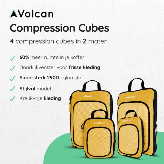 Cubes de compression Volcan - Organiseur de valise - Avec zips de compression - Sac à dos et valise - Lot de 4 - Ocre