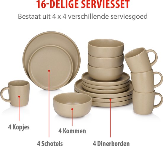 Service de vaisselle alpina 16 pièces - Ensemble d'assiettes 4 personnes - Vaisselle en faïence - Assiettes à déjeuner, assiettes à dîner, bols et tasses - Résiste au micro-ondes et au lave-vaisselle - Sable