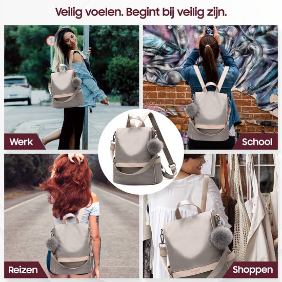 Sac à dos antivol - Sac à dos femmes - Imperméable - Petit - Sac à dos antivol - Dos, Epaule, Sac à main en un - Nylon - avec sangle réglable - Beige - Glennoo