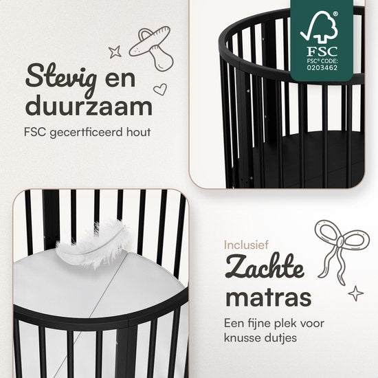 Flowsense Baby Box - Parc pour enfants rond - Parc pour enfants - Avec matelas - Hauteurs réglables - Roulettes - Noir