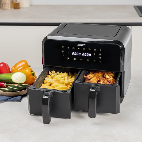 Princess Double Basket Airfryer 182068 - Double Airfryer - 8 litres - 2 paniers - XXL - 8 programmes - 2400W - Double friteuse à air chaud - Ecran tactile - Noir - 80°C à 220°C - Fonction Sync