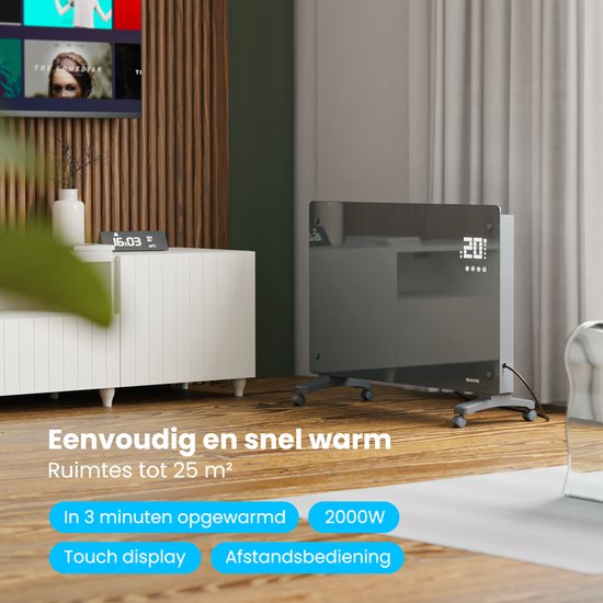 Auronic Electric Heater - Convector Heater with Thermostat and Remote Control - Glass Panel Heater - 2000W Heater - Grey