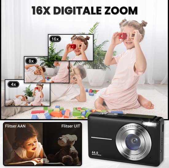 Appareil photo numérique K&L - Caméra photo - Caméra compacte - Caméra Vlog - Pour les enfants - Comprend 32GB - NL Software