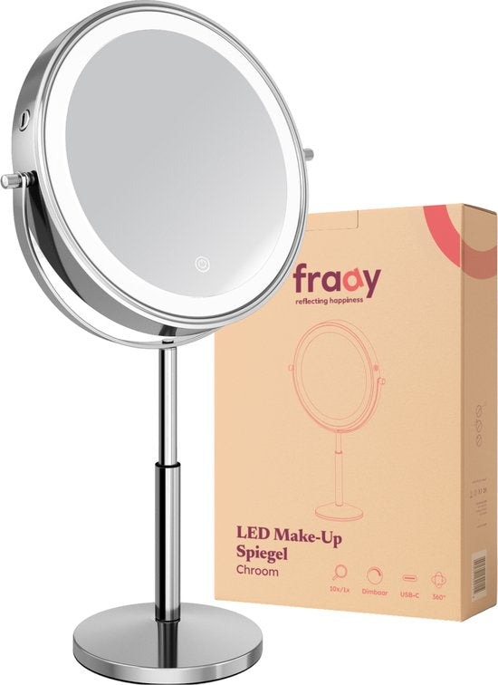 Fraay® XL Miroir de maquillage avec éclairage LED - grossissement 10x - Miroir grossissant avec lumière - rechargeable - Miroir de rasage - Miroir de salle de bain - Chrome
