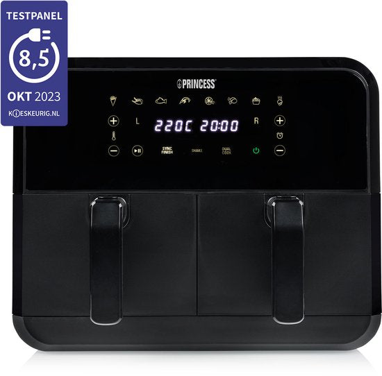 Princess Double Basket Airfryer 182068 - Double Airfryer - 8 litres - 2 paniers - XXL - 8 programmes - 2400W - Double friteuse à air chaud - Ecran tactile - Noir - 80°C à 220°C - Fonction Sync
