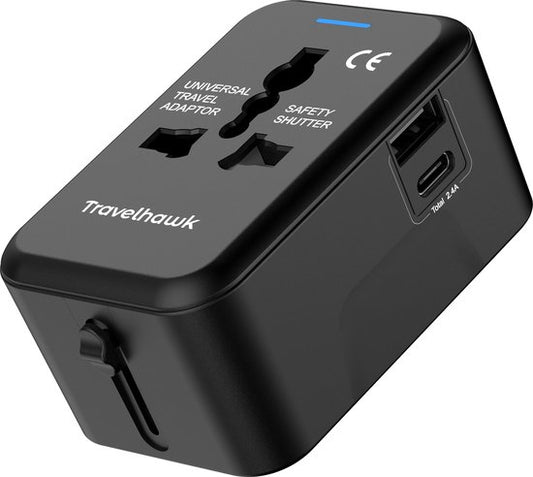TravelHawk Universal World Plug avec USB-C et port USB - Prise de voyage - Prise de voyage internationale pour 150+ pays - Amérique (USA) - Angleterre (UK) - Australie - Asie - Amérique du Sud - Afrique - Prises mondiales - Noir