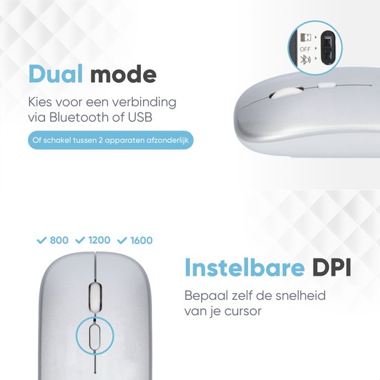 Souris sans fil Trendfield - Souris d'ordinateur rechargeable - Bluetooth - Souris ergonomique avec clic silencieux - Convient à tous les ordinateurs portables - Argent