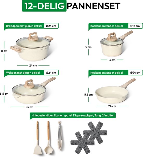 Just Perfecto 12 Pieces Induction Pans Set - Beige Pans Set With Lid For Gas and Induction - PFAS free - Cold grips