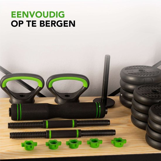 Ensemble d'haltères Tunturi et haltères Vinyl 20 kg - Ensemble d'haltères avec Kettlebell et Barbell - Supports de pompes - Fermeture à vis 30 mm - Poignée antidérapante