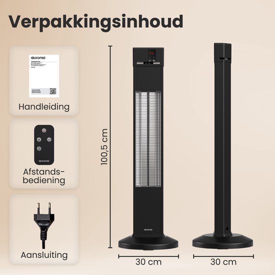 Auronic Terrace Heater - Chauffage infrarouge - Debout - 20m2 - Electrique - 2000W - Télécommande - 3 niveaux - Noir