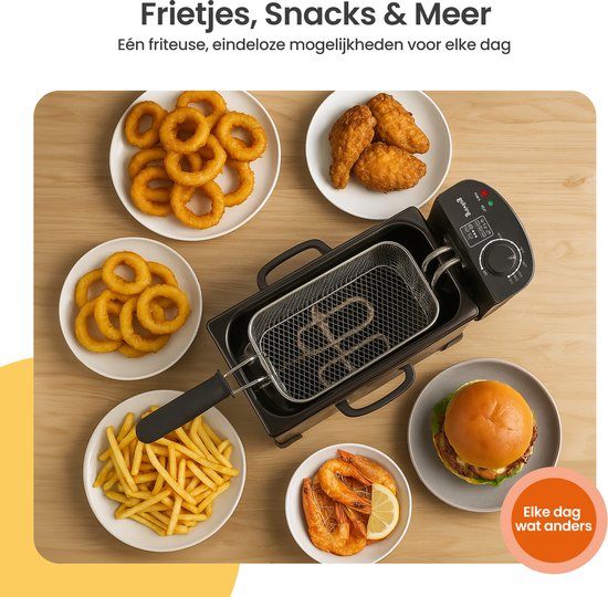 Friteuse Goliving 3L - Friteuse - Hublot en verre - Jusqu'à 190°C - 2000W - acier inoxydable - Noir