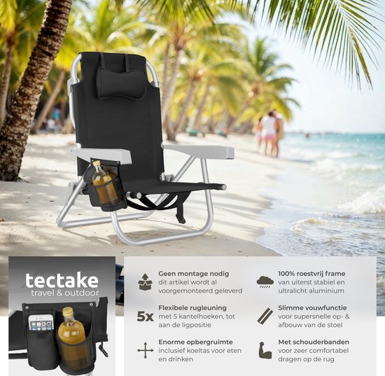 tectake® Beach Chair Coral - Chaise de camping pliable avec sac isotherme et sac de rangement - Dossier réglable en 5 sens avec coussin de tête - Accoudoirs larges avec porte-gobelet / porte-téléphone - Chaise de camping pliable - Noir