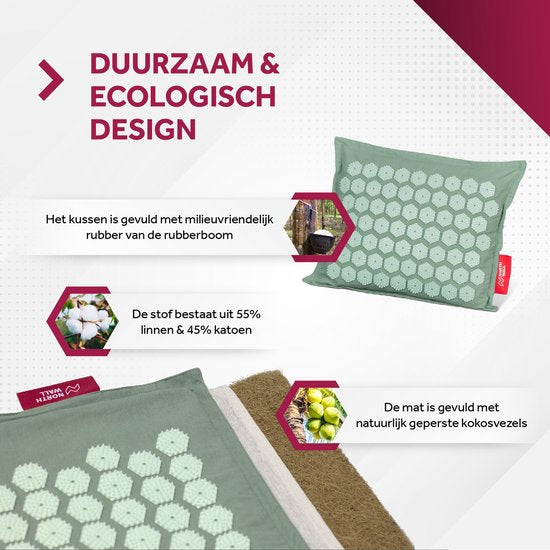 Tapis d'ongles Northwall avec oreiller et sac de transport - Tapis d'acupression avec oreiller pour les ongles - Lit pour les ongles - Acupuncture - Méditation - Massage Shakti - Vert