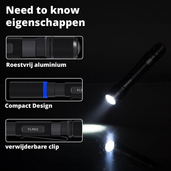 FlinQ Lampe de poche à stylo - Ampoule LED 100 lumens - Alimentation par piles - Lampe de poche résistante à l'eau - Lampe de poche militaire - Idéale pour la trousse d'urgence - Convient aux enfants - Visibilité de 100 mètres - 2 lampes de poche