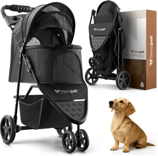TrevoPet® Buggy pour chien pliable - pour petits et moyens chiens jusqu'à 15 kg - hydrofuge avec porte-gobelet, panier de rangement - noir