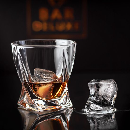 BarDeluxe® Whiskey Set - 4 verres en cristal faits main 325 ml - Coffret de luxe avec moule à glaçons et boîte de rangement - Idéal comme cadeau Whisky