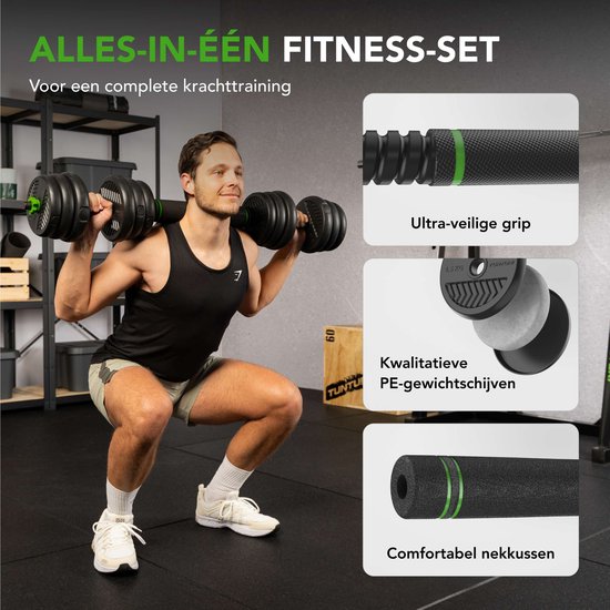Ensemble d'haltères Tunturi et haltères Vinyl 20 kg - Ensemble d'haltères avec Kettlebell et Barbell - Supports de pompes - Fermeture à vis 30 mm - Poignée antidérapante