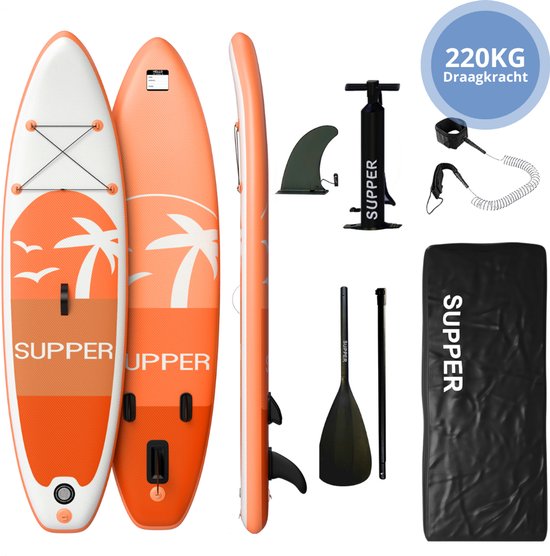 Supper Sup Board XL - Max. 220KG - Gonflable - Planche à pagaie - Étui étanche pour téléphone portable - Pompe - Palme - Leash - Sac de transport - 335 x 81 cm - Orange