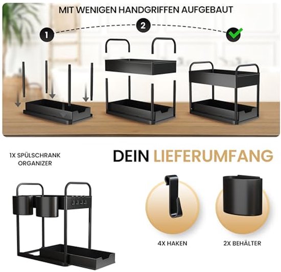 HELDENWERK - Rangement pour évier et cuisine - 2 pièces - plastique ABS noir - coulissant à 2 niveaux - pour cuisine et salle de bain - avec crochets et plateaux - espace de rangement maximal