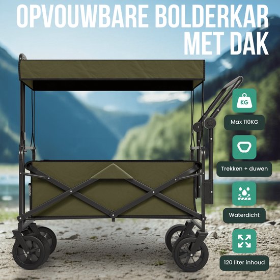 Avalo Bolderkar Avec Toit XL Pliable - Capacité de charge jusqu'à 110KG - 120L - 97x60x105 CM - Roues 360º - Bolderwagen / Bolderwagen / Chariot de plage / Chariot de randonnée / Bolderkar pliable - Pour la plage - Vert