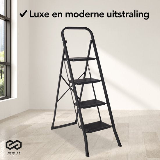 Infinity Goods Échelle domestique robuste 4 marches - Escalier de cuisine pliable - antidérapant - Échelle d'escalier - Pliable - Métal - Noir