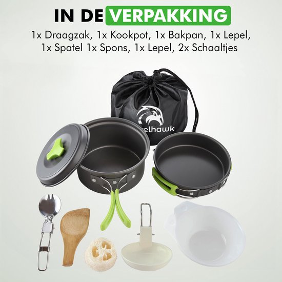 Travelhawk Batterie de cuisine de camping - Batterie de casseroles - Aluminium - 8 pièces - Batterie de casseroles de camping - Comprend une éponge, une spatule, une cuillère, des bols et un sac de transport pratique.