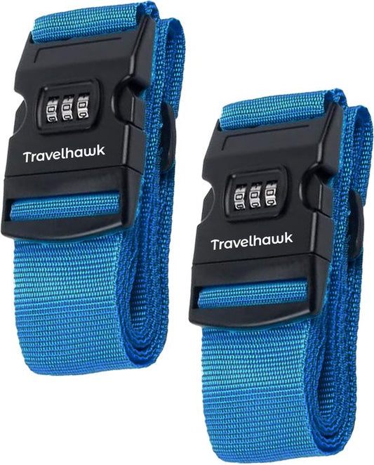 Travelhawk Luggage Strap with Number Lock - 2 Pieces - Luggage Strap - Luggage Straps - Adjustable - 180 Centimetres - Extra Security - Travel - Blue