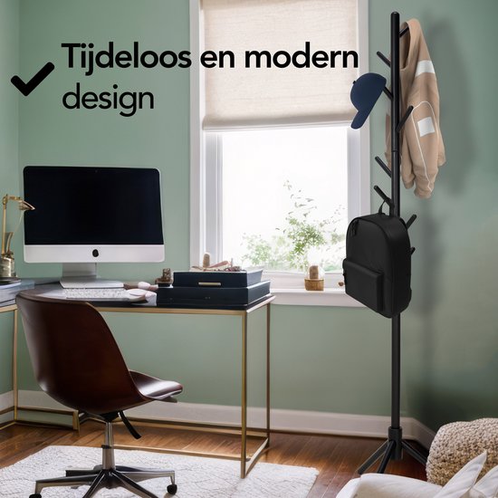 Brixy Porte-manteau - Porte-manteau sur pied - 8 crochets - 175 cm - Porte-manteau en bois - Porte-manteau - Noir
