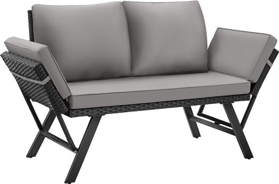 tectake® 2-in-1 Banc de jardin en osier Sintra - mains courantes réglables - set de jardin - chaise longue - banc de salon de balcon - coussins inclus - canapé de salon d'extérieur - lit solaire résistant aux UV et aux intempéries - gris clair/noir