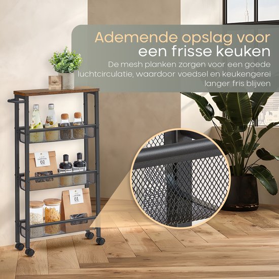 O'DADDY® Kitchen Trolley - Chariot à roulettes étroit - Ilot de cuisine - Chariot de service - Chariot de cuisine à roulettes - Chariot de cuisine - Design industriel - Bois brun - Métal noir