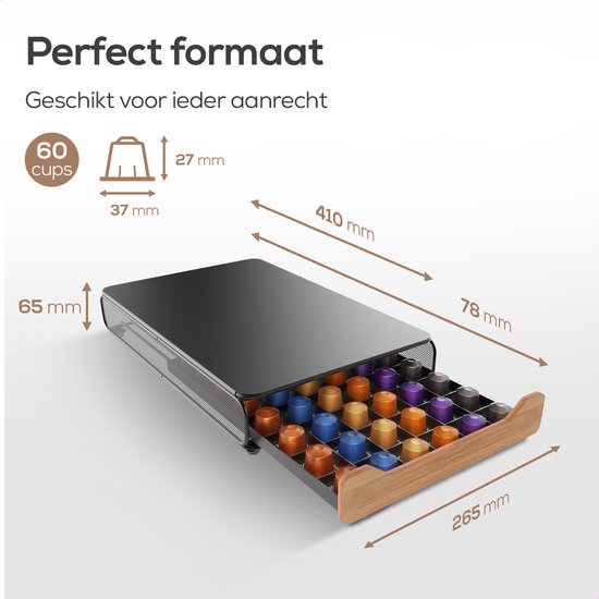 KitchenLove Porte-capsules Nespresso - Porte-tasses - Avec tiroir - Pour tasses à café - 60 tasses - Noir avec bois de bambou