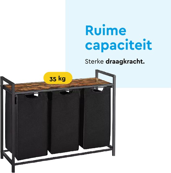 BRASQ Panier à linge 3 compartiments - Trieur de linge 114 litres - Extensible avec étagère 92,5x33x71 cm - Boite à linge Métal noir - Bois brun - Panier