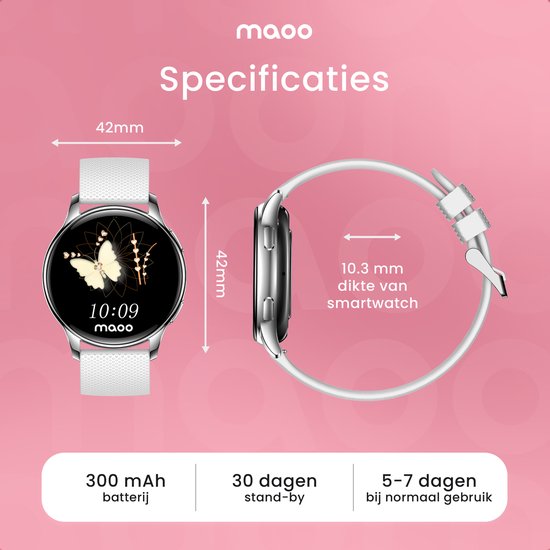 Maoo Ventura AMOLED Smartwatch Ladies - Acier inoxydable et bracelet en silicone 3x - Podomètre - Moniteur de fréquence cardiaque - Moniteur de sommeil - Multisport - Convient à Android et iOS - Argent et blanc