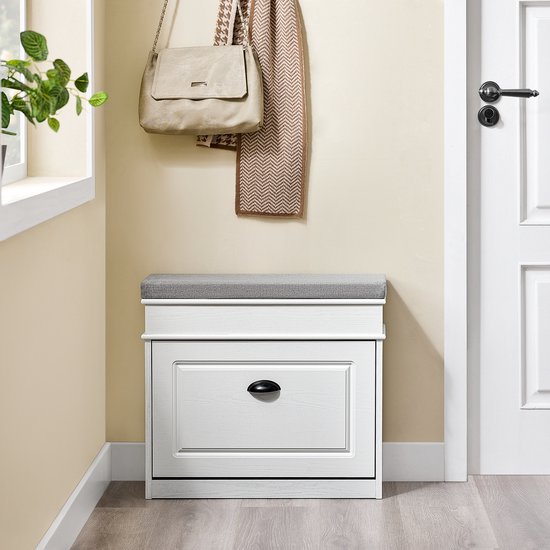 SoBuy FSR82-K-WG Meuble à chaussures banc d'entrée - banc à chaussures avec siège de toilette et coussin de rangement pour chaussures pour hall d'entrée, salon 61 x 24 x 51 cm, capacité 113 kg, blanc effet bois antique