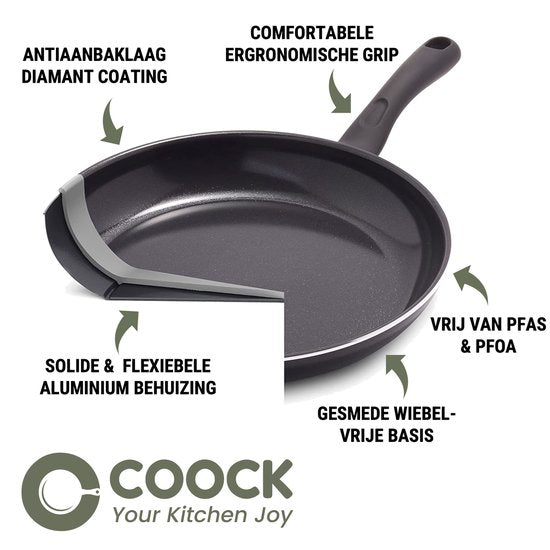 COOCK Poêle Wok Induction 32cm - Revêtement spécial antiadhésif - Poêle à frire avec couvercle - Aluminium recyclé - Noir - Livré avec E-book