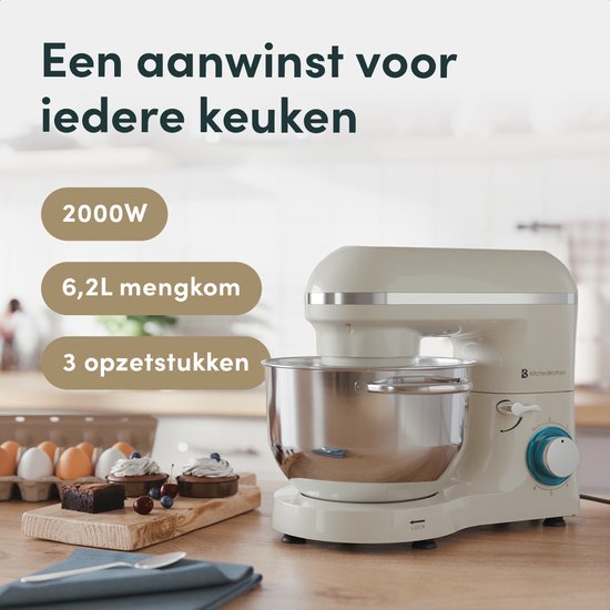 KitchenBrothers Robot de cuisine - Robot de cuisine - 6.2L - Mixeur avec bol de mixage - Mixeur de cuisine - 2000W - Champagne
