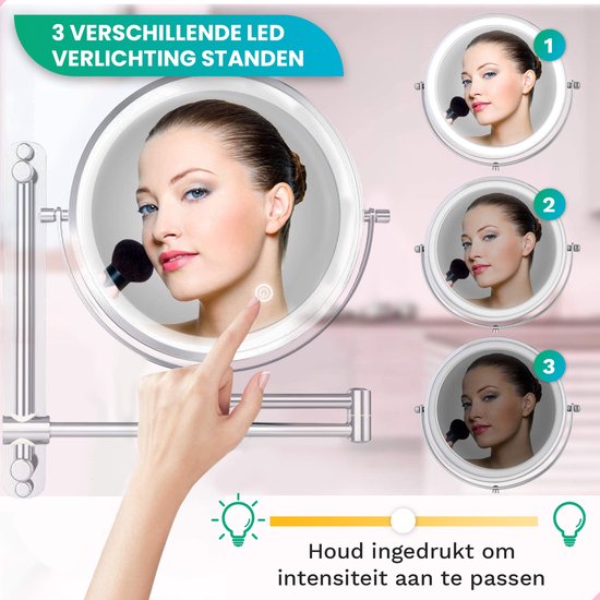 Mirlux Miroir de maquillage avec éclairage Led - rechargeable - grossissement 7X - Miroir grossissant avec lumière - Miroir de rasage - Miroir de salle de bain - Chrome