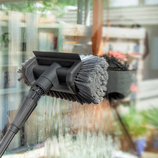 VONROC Brosse de lavage télescopique hybride - Aluminium/3K Full Carbon - 7,5 mètres - Tête de brosse à 5 niveaux, tuyau d'arrosage de 11 m et distributeur de savon inclus.