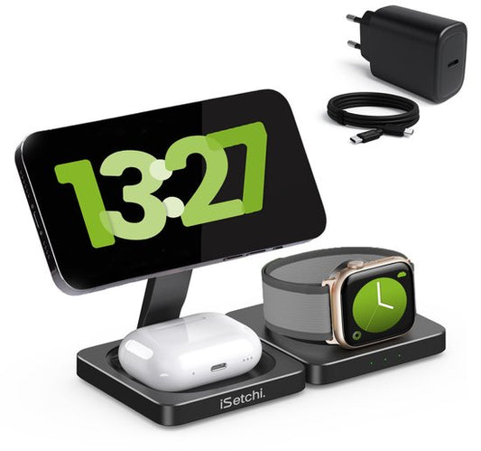 iSetchi 3-in-1 Power Base - Wireless Charger 15 W - Pliable et léger - Qi Charging Station - Câble inclus - Compatible avec Smartphone, Smartwatch & Earbuds
