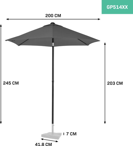 Parasol Premium - VONROC - Ø200cm - Toile résistante aux UV - Housse de protection incluse - Gris