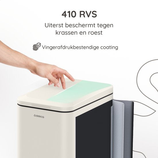 Deleca Poubelle Prestige - 50 Litres - Etroite - Acier inoxydable Poubelle / Corbeille à papier / Poubelle à pédale - Avec pédale et fermeture lente - Blanc crème