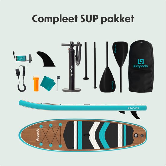 LifeGoods PaddlePro SUP Board - Planche à pagaie gonflable - Ensemble complet - Max. 150KG - 320x81cm - Bois/Bleu