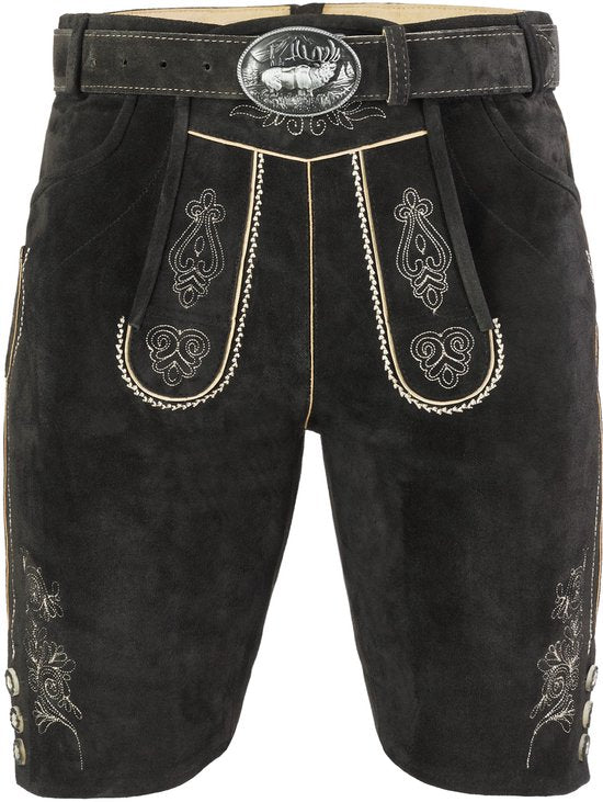 dressforfun - Authentique Lederhosen courte Jannis - Avec ceinture et bretelles - Cuir véritable - Noir - 54 - Oktoberfest Dress Man - Costume d'homme - Dress Up - Costume allemand - Robe de carnaval - Gilet de costume - Pantalon traditionnel en cuir
