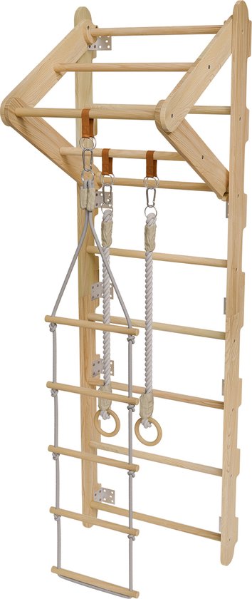 Juskys - Support mural pour enfants - 62 x 210 x 57 cm - naturel et bois - avec échelle de corde et anneaux tournants - Support d'escalade d'intérieur pour la chambre - favorise la motricité et la force