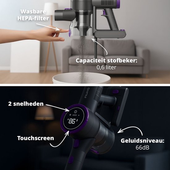 FlinQ Aspirateur V8 - Aspirateur balai avec fonction serpillière - Aspirateur balai sans fil - Aspirateur sans sac - Avec batterie durable - Sans fil et utilisable comme dépoussiéreur